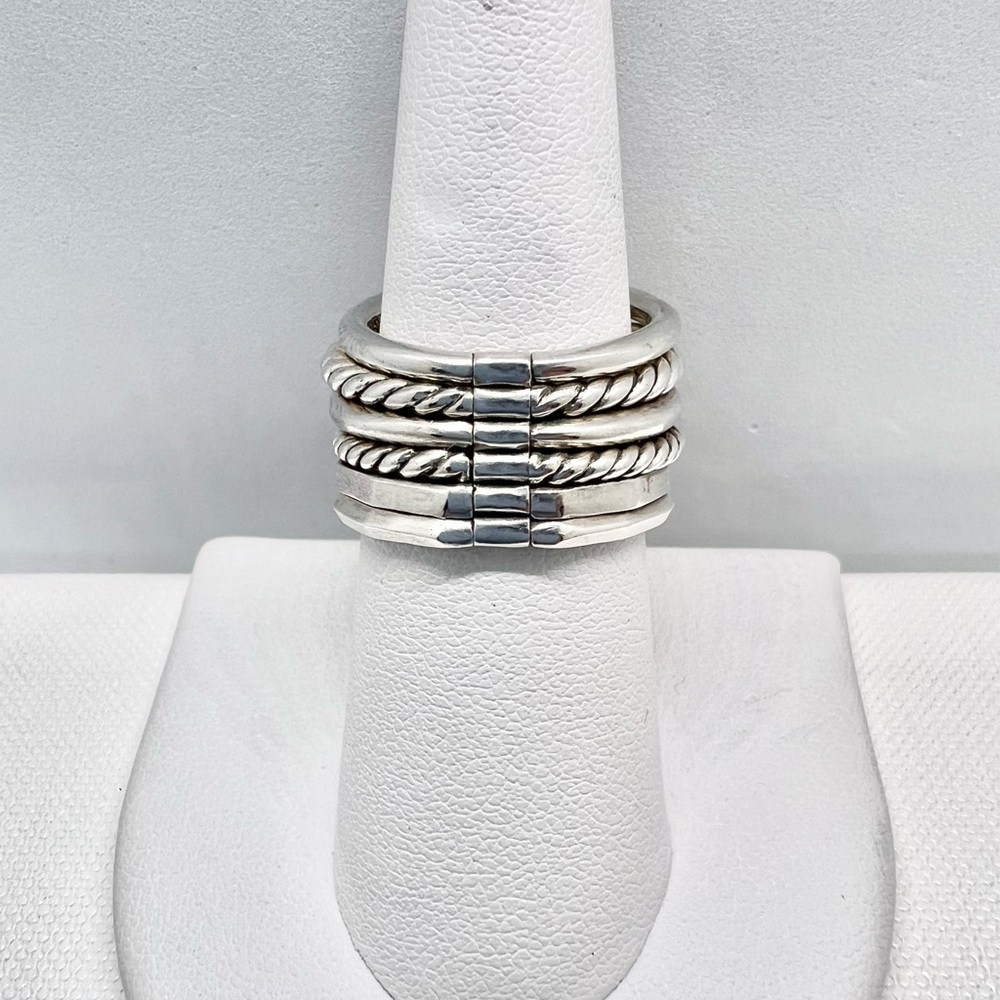 David Yurman Sterling Silver Pave Diamond Stax Six Row Band Ring - Picture 6 of 11